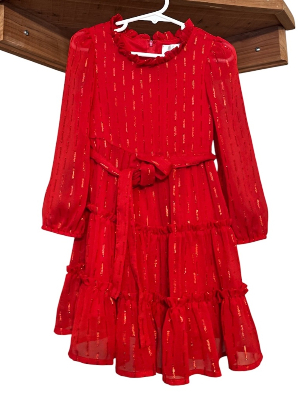 Rare Editions Toddler Girls Red Metallic Tiered Chiffon Long Sleeve Dress Sz-4